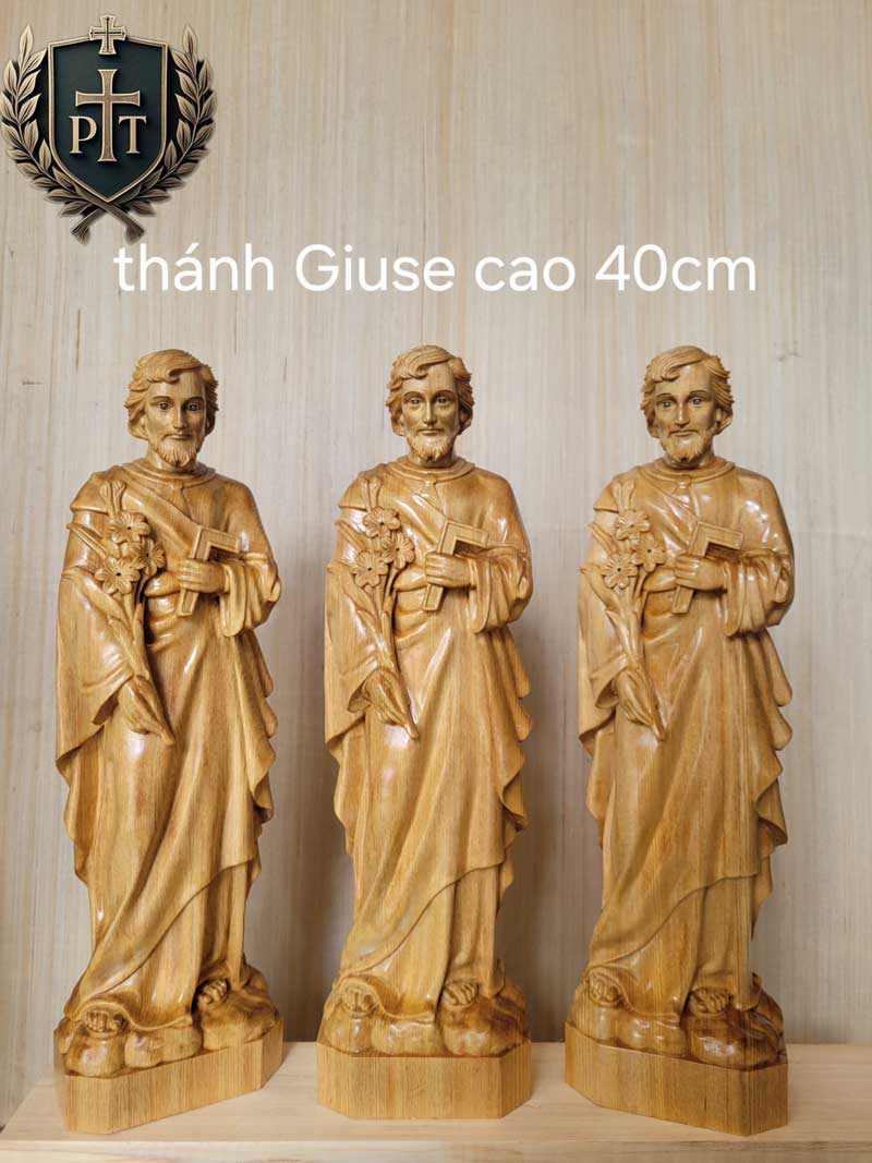 Tượng Thánh Giuse Thợ Mộc 40cm - Gỗ Pơmu. Gia Công Sắc Nét Chất Lượng Cao